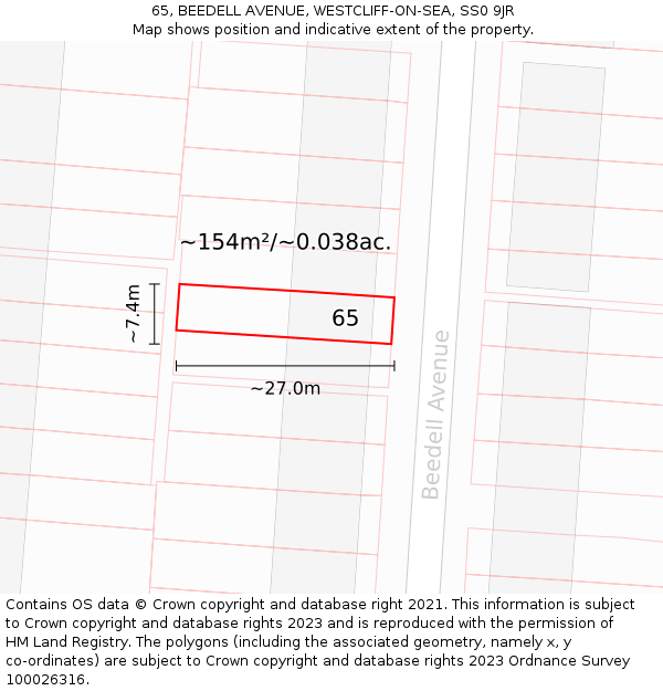 65, BEEDELL AVENUE, WESTCLIFF-ON-SEA, SS0 9JR: Plot and title map