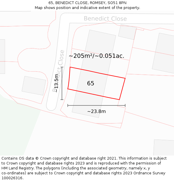 65, BENEDICT CLOSE, ROMSEY, SO51 8PN: Plot and title map