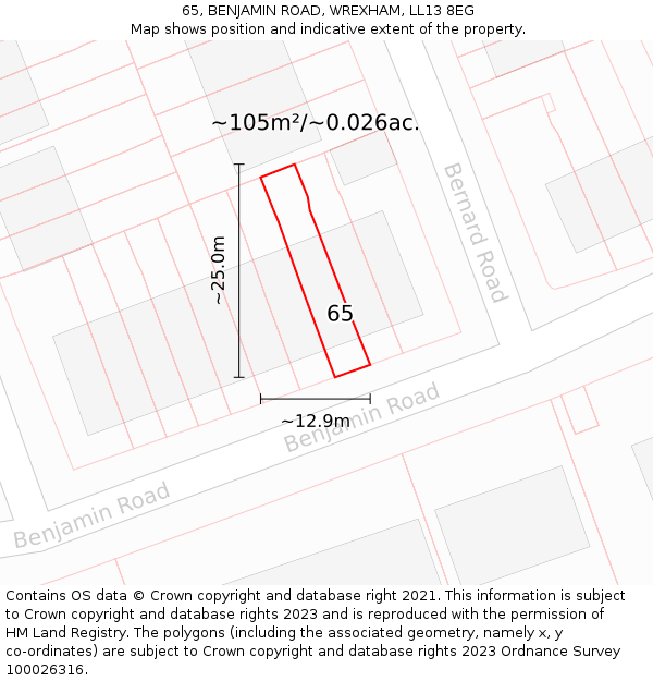 65, BENJAMIN ROAD, WREXHAM, LL13 8EG: Plot and title map