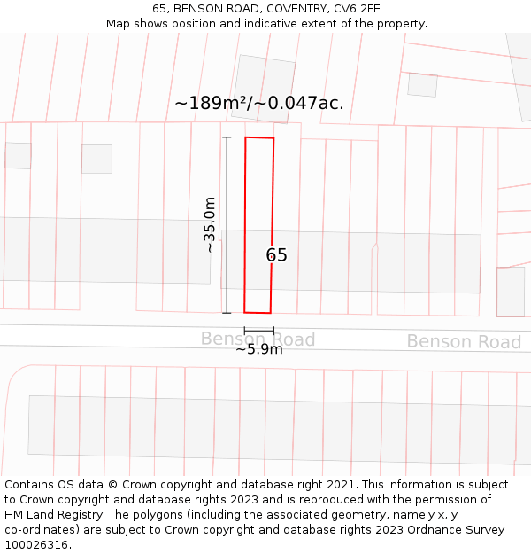 65, BENSON ROAD, COVENTRY, CV6 2FE: Plot and title map