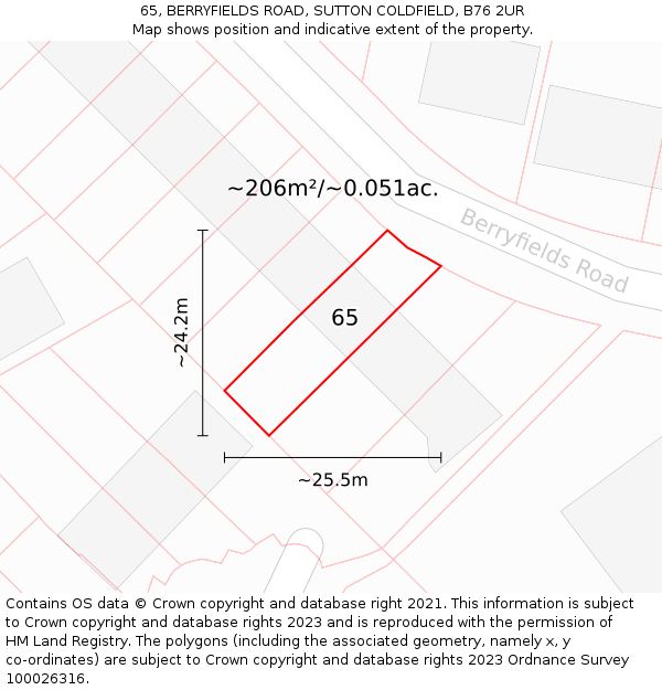 65, BERRYFIELDS ROAD, SUTTON COLDFIELD, B76 2UR: Plot and title map