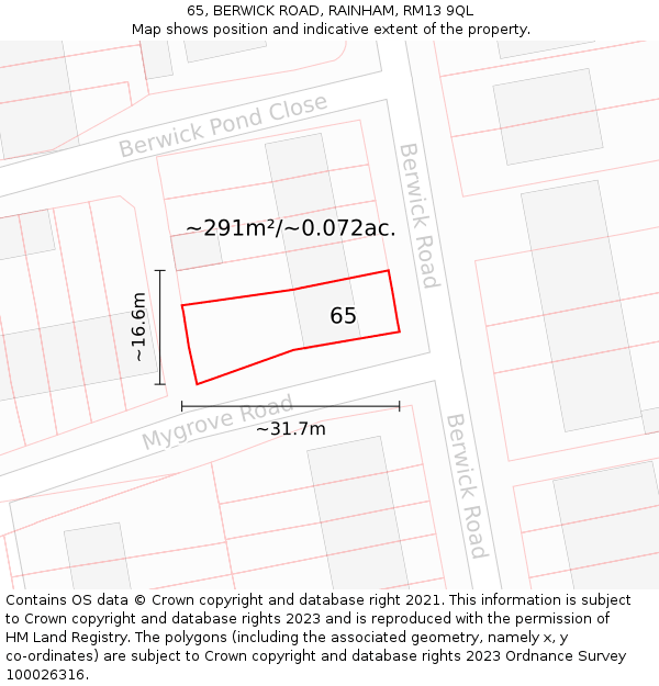 65, BERWICK ROAD, RAINHAM, RM13 9QL: Plot and title map