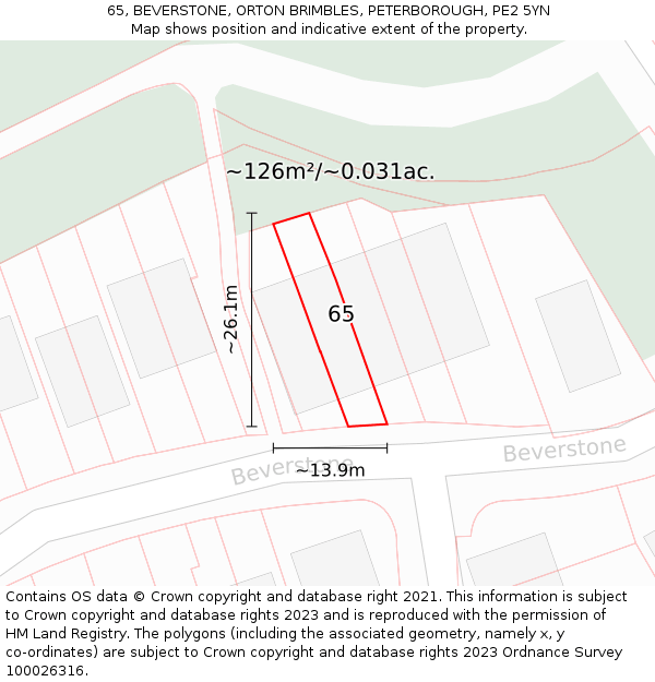65, BEVERSTONE, ORTON BRIMBLES, PETERBOROUGH, PE2 5YN: Plot and title map