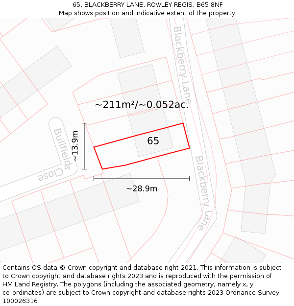 65, BLACKBERRY LANE, ROWLEY REGIS, B65 8NF: Plot and title map