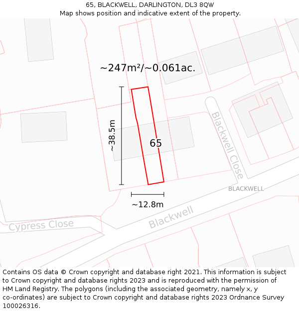 65, BLACKWELL, DARLINGTON, DL3 8QW: Plot and title map