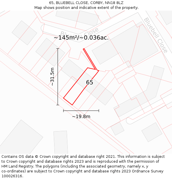 65, BLUEBELL CLOSE, CORBY, NN18 8LZ: Plot and title map