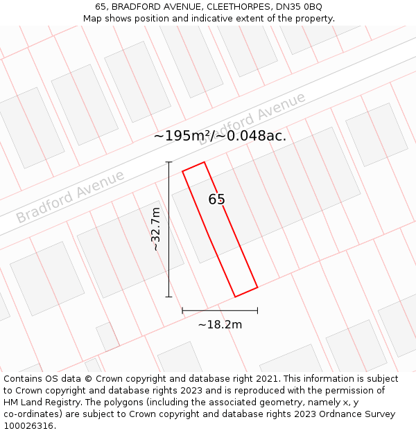 65, BRADFORD AVENUE, CLEETHORPES, DN35 0BQ: Plot and title map