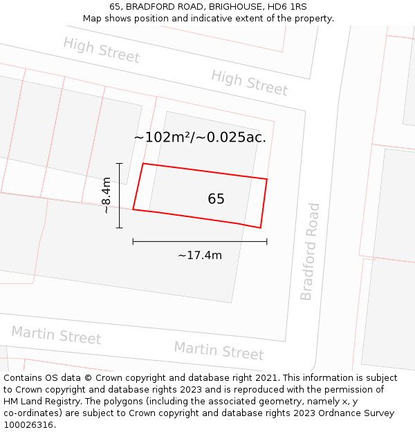 65, BRADFORD ROAD, BRIGHOUSE, HD6 1RS: Plot and title map