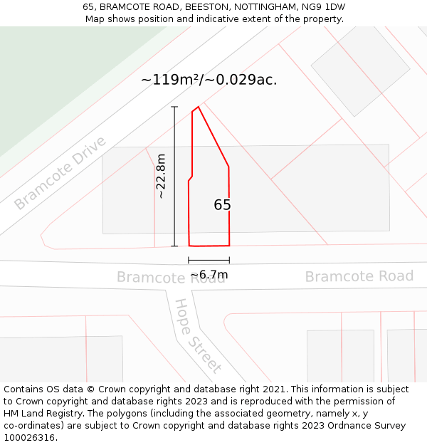 65, BRAMCOTE ROAD, BEESTON, NOTTINGHAM, NG9 1DW: Plot and title map