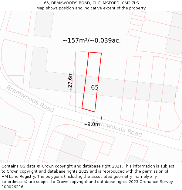 65, BRAMWOODS ROAD, CHELMSFORD, CM2 7LS: Plot and title map