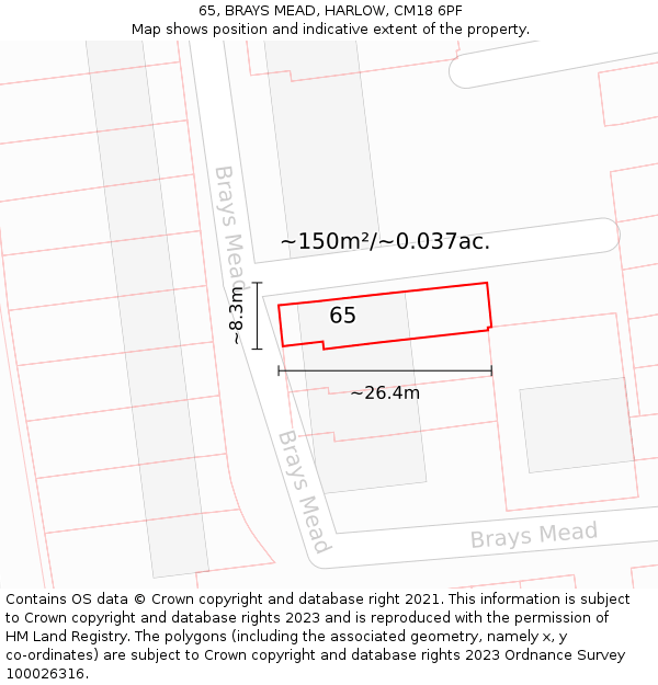 65, BRAYS MEAD, HARLOW, CM18 6PF: Plot and title map