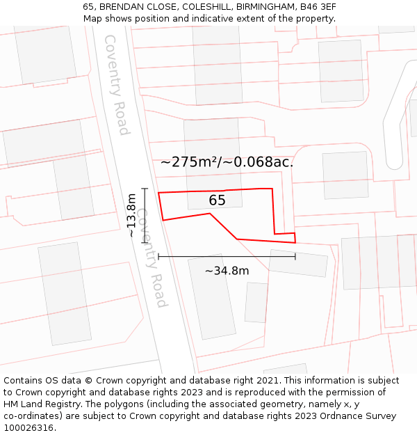 65, BRENDAN CLOSE, COLESHILL, BIRMINGHAM, B46 3EF: Plot and title map