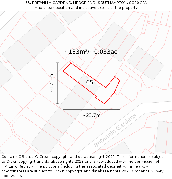 65, BRITANNIA GARDENS, HEDGE END, SOUTHAMPTON, SO30 2RN: Plot and title map