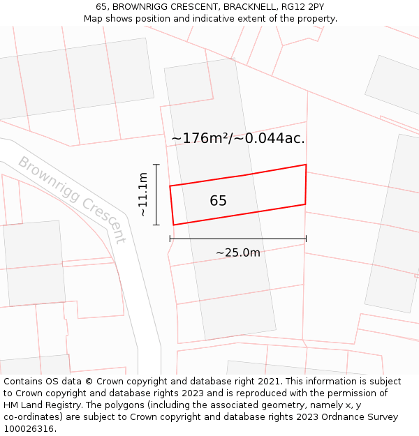 65, BROWNRIGG CRESCENT, BRACKNELL, RG12 2PY: Plot and title map