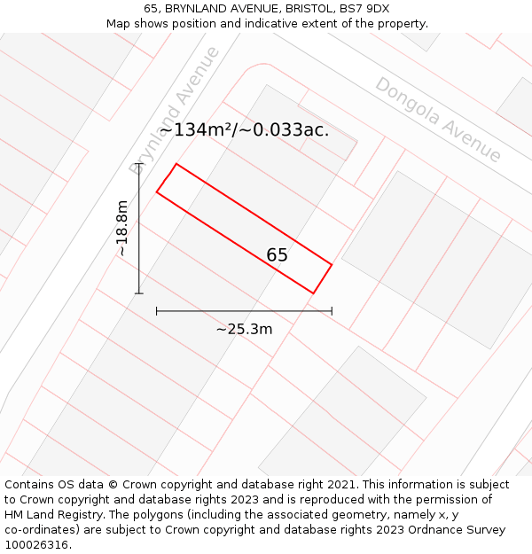 65, BRYNLAND AVENUE, BRISTOL, BS7 9DX: Plot and title map