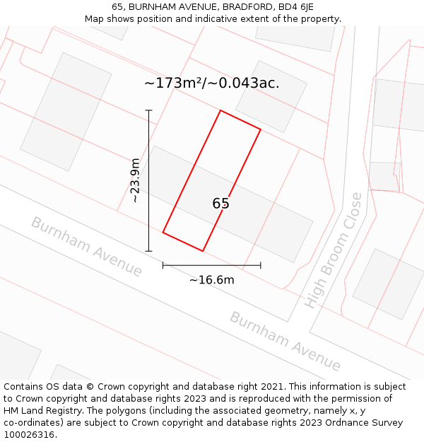 65, BURNHAM AVENUE, BRADFORD, BD4 6JE: Plot and title map