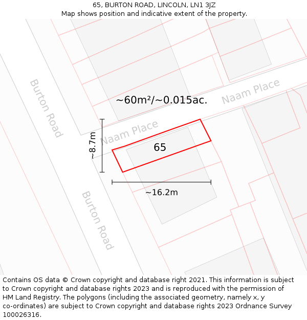 65, BURTON ROAD, LINCOLN, LN1 3JZ: Plot and title map