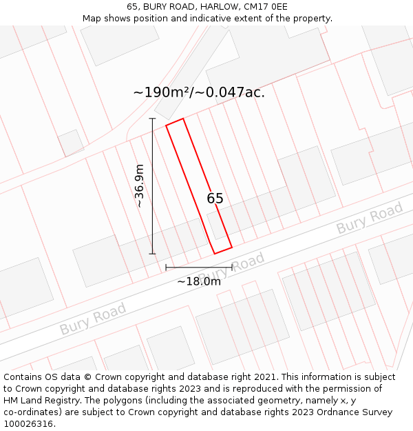65, BURY ROAD, HARLOW, CM17 0EE: Plot and title map