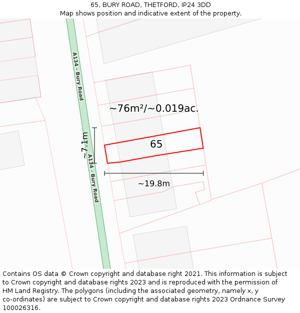 65, BURY ROAD, THETFORD, IP24 3DD: Plot and title map
