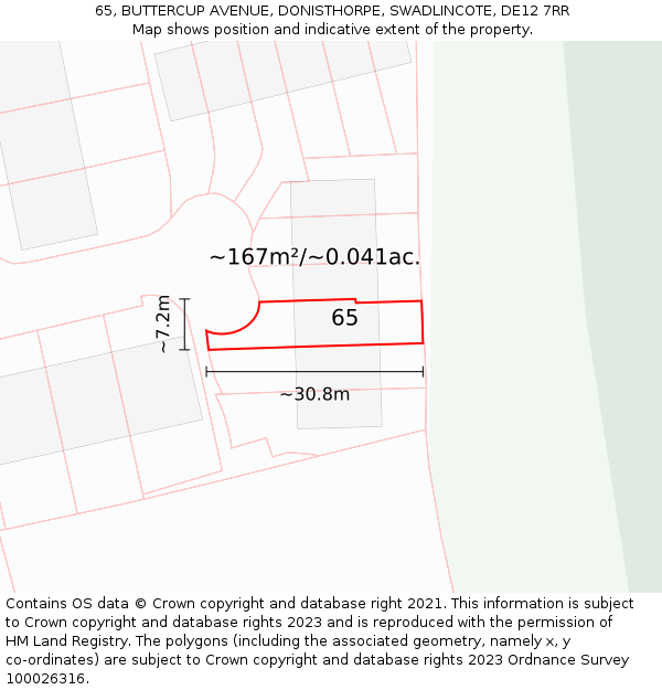 65, BUTTERCUP AVENUE, DONISTHORPE, SWADLINCOTE, DE12 7RR: Plot and title map