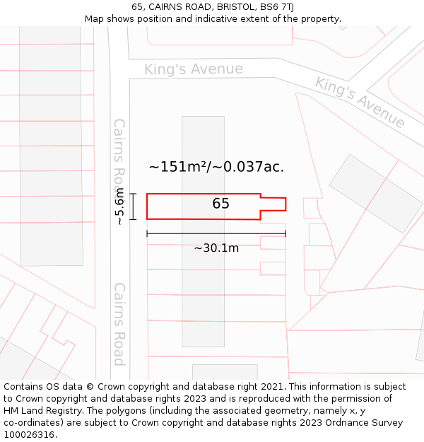 65, CAIRNS ROAD, BRISTOL, BS6 7TJ: Plot and title map