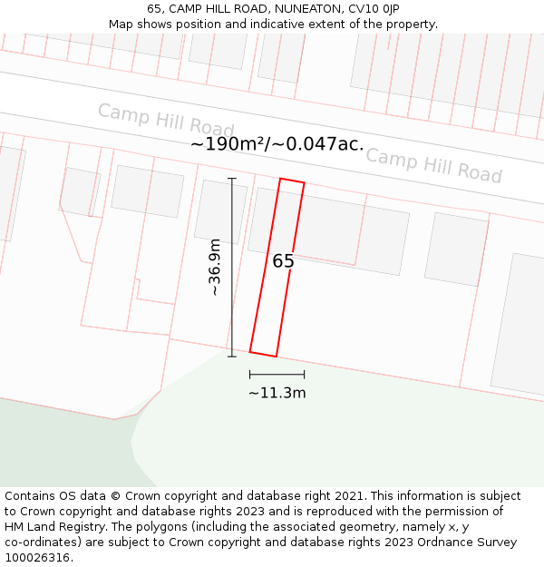 65, CAMP HILL ROAD, NUNEATON, CV10 0JP: Plot and title map