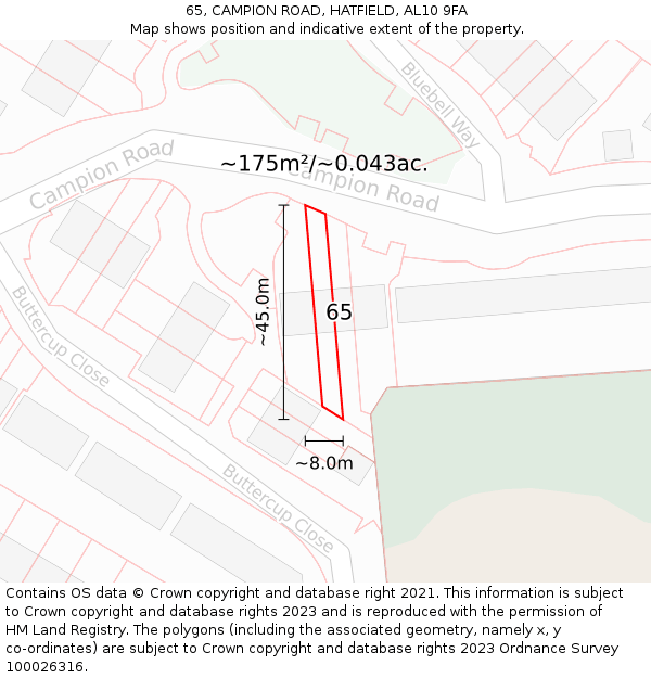65, CAMPION ROAD, HATFIELD, AL10 9FA: Plot and title map