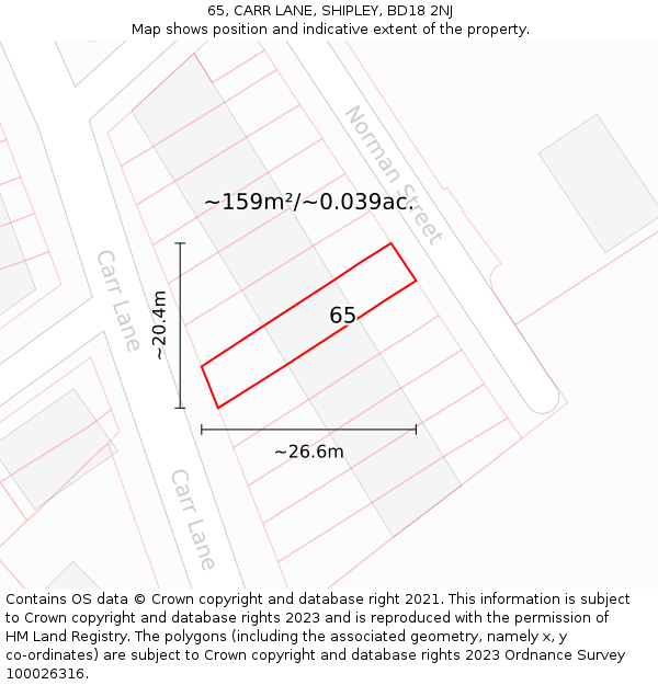 65, CARR LANE, SHIPLEY, BD18 2NJ: Plot and title map