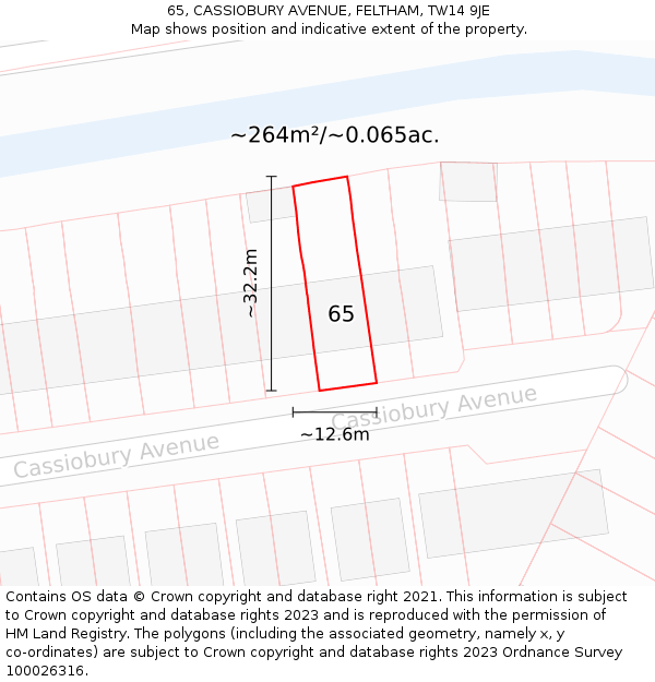 65, CASSIOBURY AVENUE, FELTHAM, TW14 9JE: Plot and title map