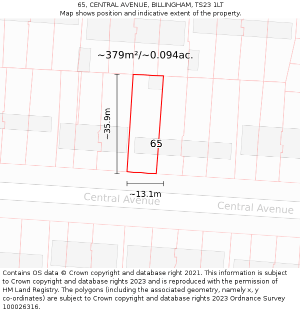 65, CENTRAL AVENUE, BILLINGHAM, TS23 1LT: Plot and title map