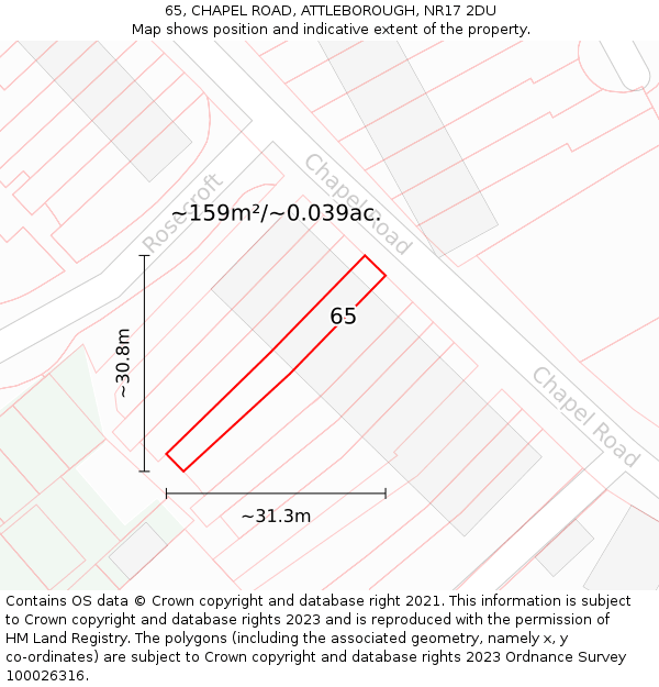 65, CHAPEL ROAD, ATTLEBOROUGH, NR17 2DU: Plot and title map