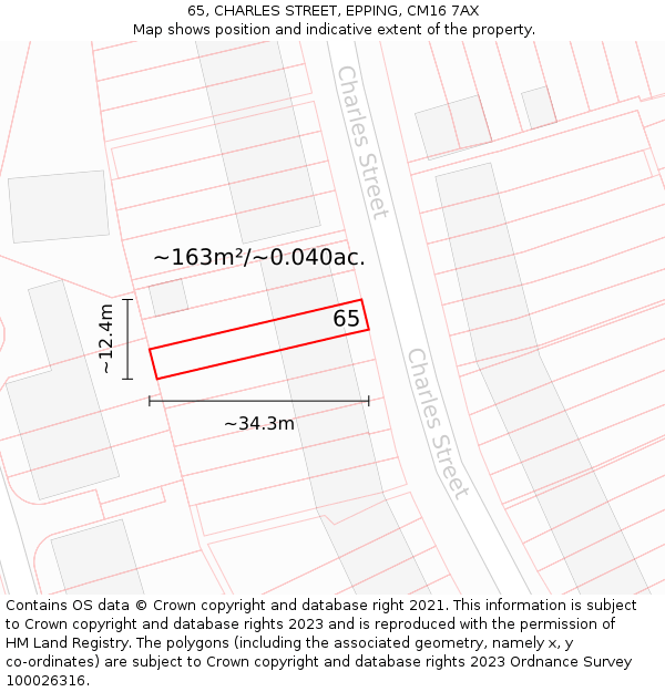 65, CHARLES STREET, EPPING, CM16 7AX: Plot and title map