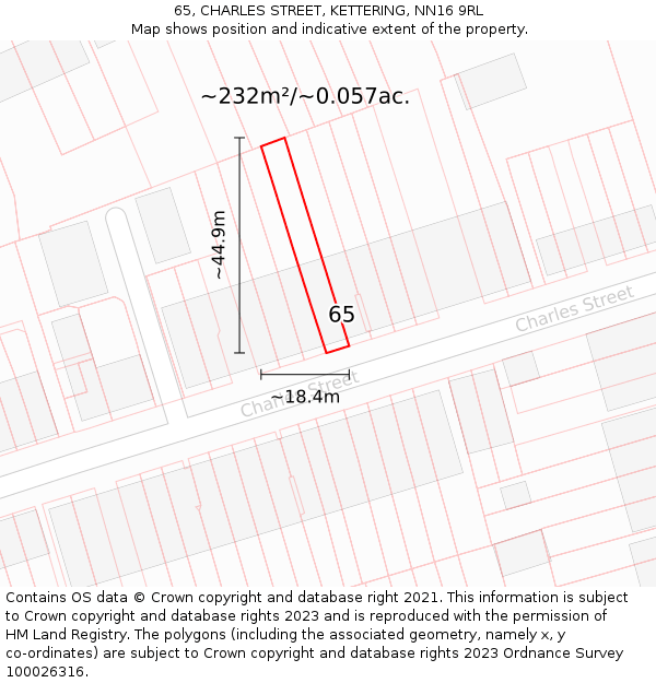 65, CHARLES STREET, KETTERING, NN16 9RL: Plot and title map