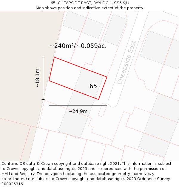 65, CHEAPSIDE EAST, RAYLEIGH, SS6 9JU: Plot and title map