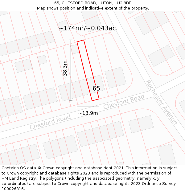 65, CHESFORD ROAD, LUTON, LU2 8BE: Plot and title map