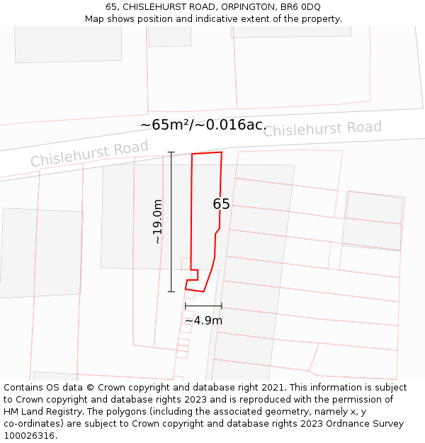 65, CHISLEHURST ROAD, ORPINGTON, BR6 0DQ: Plot and title map