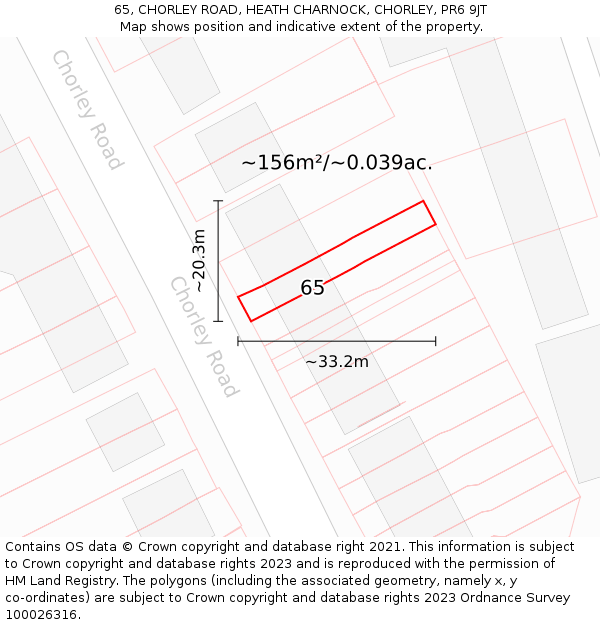 65, CHORLEY ROAD, HEATH CHARNOCK, CHORLEY, PR6 9JT: Plot and title map