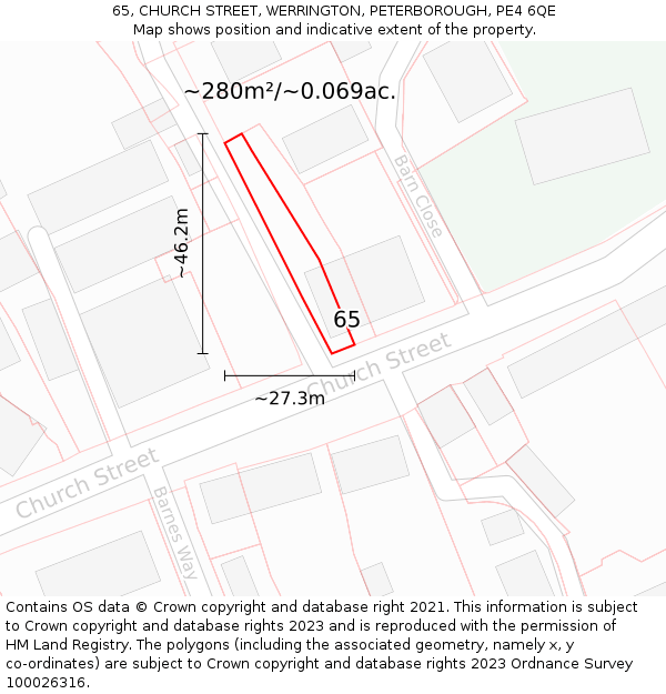 65, CHURCH STREET, WERRINGTON, PETERBOROUGH, PE4 6QE: Plot and title map