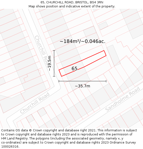 65, CHURCHILL ROAD, BRISTOL, BS4 3RN: Plot and title map