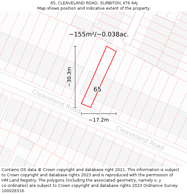 65, CLEAVELAND ROAD, SURBITON, KT6 4AJ: Plot and title map