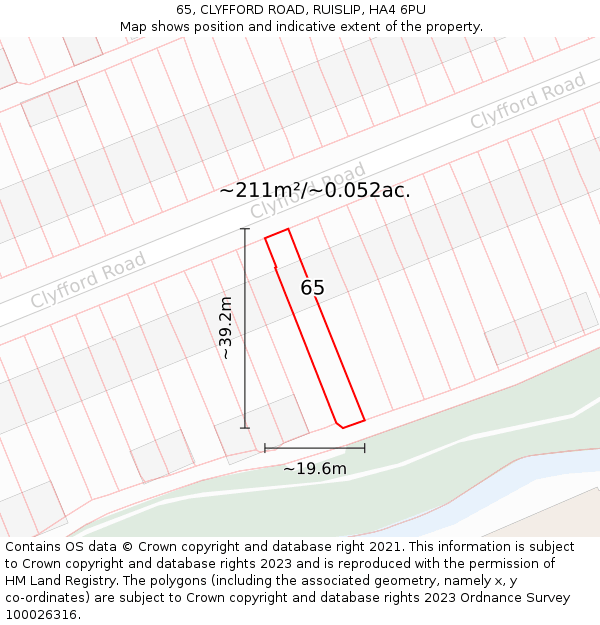 65, CLYFFORD ROAD, RUISLIP, HA4 6PU: Plot and title map