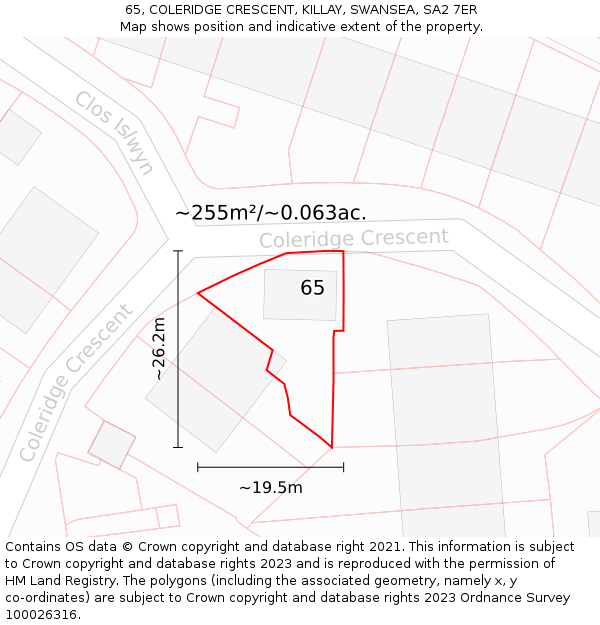 65, COLERIDGE CRESCENT, KILLAY, SWANSEA, SA2 7ER: Plot and title map