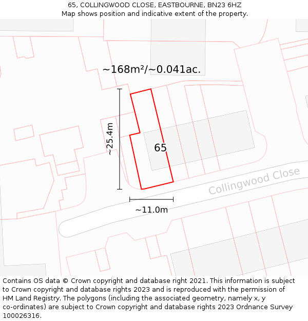 65, COLLINGWOOD CLOSE, EASTBOURNE, BN23 6HZ: Plot and title map