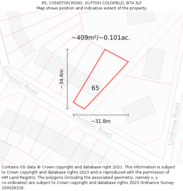 65, CONISTON ROAD, SUTTON COLDFIELD, B74 3LF: Plot and title map