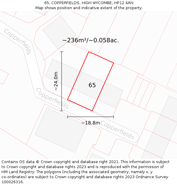 65, COPPERFIELDS, HIGH WYCOMBE, HP12 4AN: Plot and title map