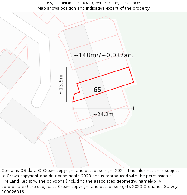 65, CORNBROOK ROAD, AYLESBURY, HP21 8QY: Plot and title map