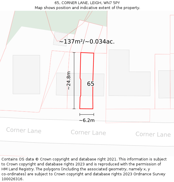 65, CORNER LANE, LEIGH, WN7 5PY: Plot and title map