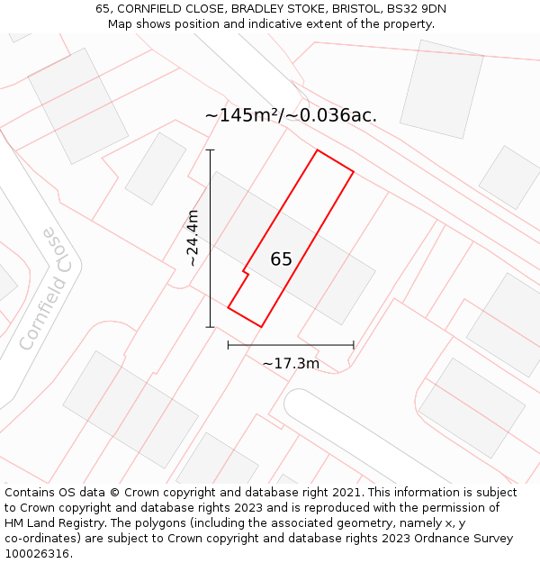 65, CORNFIELD CLOSE, BRADLEY STOKE, BRISTOL, BS32 9DN: Plot and title map