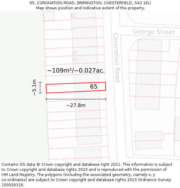 65, CORONATION ROAD, BRIMINGTON, CHESTERFIELD, S43 1EU: Plot and title map
