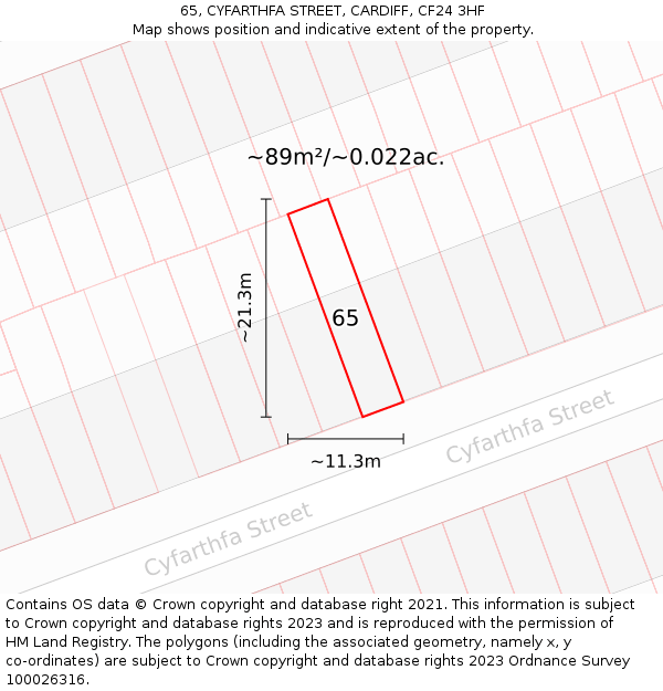 65, CYFARTHFA STREET, CARDIFF, CF24 3HF: Plot and title map